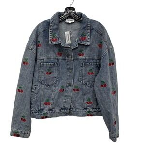 Rareraw Blue Cotton Denim Jacket Cherry Embroidered Trucker Womens Size L NWT